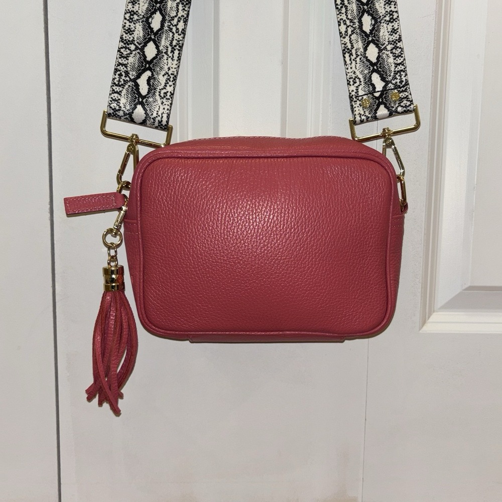 Elie Beaumont Azalea Pink Leather Crossbody Bag w/ Snake Print Strap Tassel